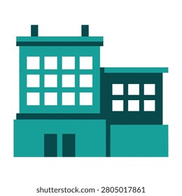 Teal colored building structures with windows and chimneys on roof tops on white background