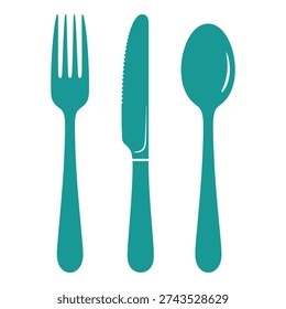 Cuchillo y cuchara de tenedor de color verde azulado sobre fondo blanco icono