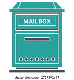 Teal colored mailbox with white outlines and letter slot icon