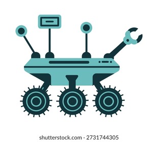 Um rover robótico de cor azul-marinho com seis rodas e um braço robótico, projetado para exploração e pesquisa científica em planetas alienígenas.