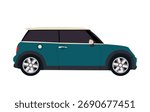 Teal compact car sits stationary against a white backdrop, showcasing its design and features in a simple, clean presentation vector illustration