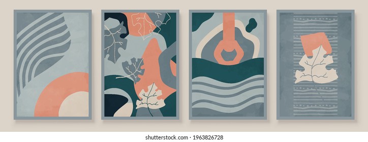Teal and Coral Abstract Botanical Organic Art Illustration. Set of soft color painting wall art for house decoration. Minimalistic canvas background design. Vector wall art plants in boho style.
