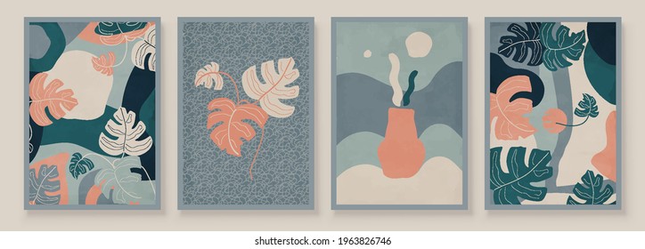 Teal And Coral Abstract Botanical Organic Art Illustration. Set Of Soft Color Painting Wall Art For House Decoration. Minimalistic Canvas Background Design. Vector Wall Art Plants In Boho Style.