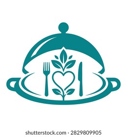 Teal culinary logo design featuring a covered dish, fork, knife, and a heart-shaped plant symbolizing healthy organic food, diet, and gastronomy.