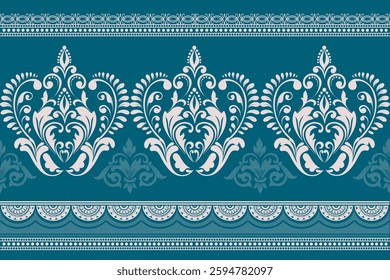 Teal damask pattern with ornamental lace details. Royal floral design in baroque style, great for wallpaper, gift wrapping, fabric, and decorative backgrounds. A blue-green vintage motif.