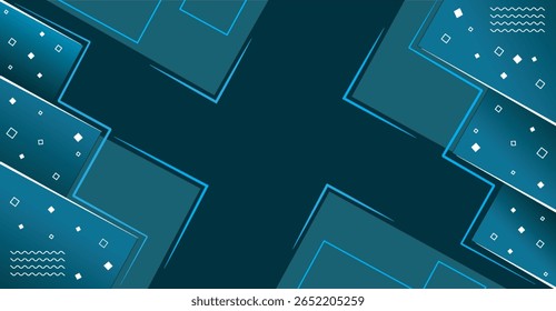 Un diseño abstracto verde azulado y azul oscuro con Formas geométricas, que incluyen cuadrados, rectángulos y líneas, dispuestas en un patrón simétrico.
