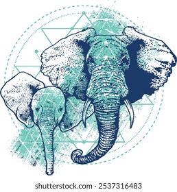 Teal and Dark Blue Geometric Elephant Illustration - Contemporary Art