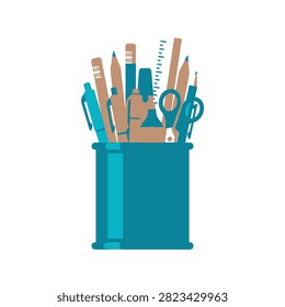 A teal desk organizer filled with various stationery items including pens pencils scissors and a ruler