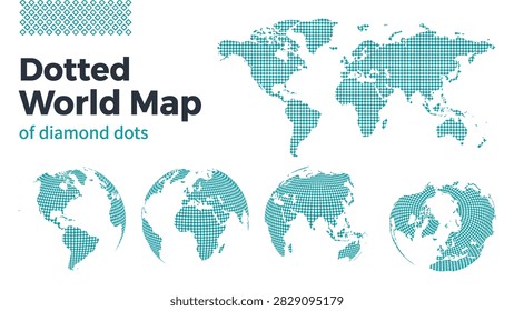 Teal diamond dotted world map illustration with four continent close up icons for business presentations social media and travel design