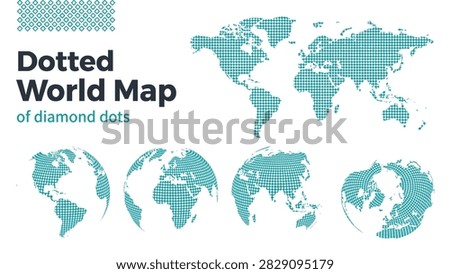 Teal diamond dotted world map illustration with four continent close up icons for business presentations social media and travel design