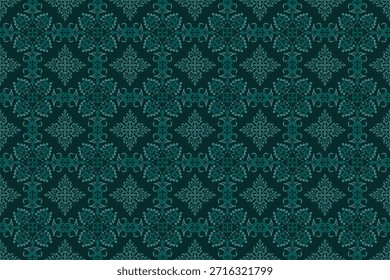 Patrón transparente de damasco de flor de diamante verde azulado sobre fondo oscuro. Elegante diseño de estilo de azulejo decorativo perfecto para el Fondo de pantalla de lujo, textil, embalaje, papel de embalaje y decoración de interiores.