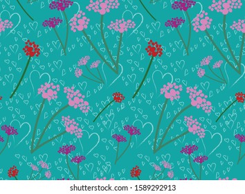 Teal Doodle Hearts and Floral Seamless print for Holiday or Valentines - Romantic Wedding Pattern