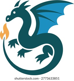 Teal dragon with blue wings breathing fire on white background illustration