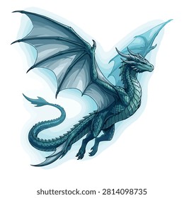 Teal dragon with large wings flying