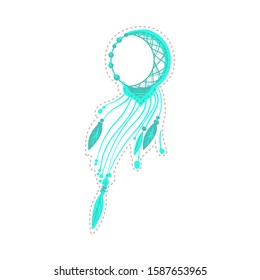 Teal dream catcher drawing with moon crescent symbol and bird feathers, ornate wall decoration and ethnic culture element - isolated hand drawn vector illustration