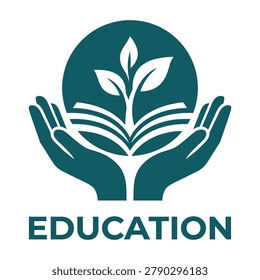 Teal education logo with hands holding a plant growing from book icon