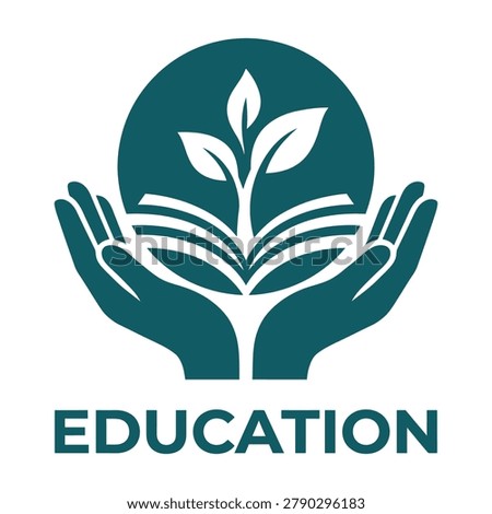 Teal education logo with hands holding a plant growing from book icon
