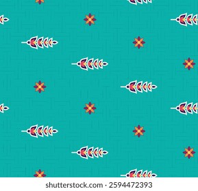 A teal fabric with a pattern of small floral shapes and stylized leaf sprigs, ideal for wallpaper, textile, gift wrapping.