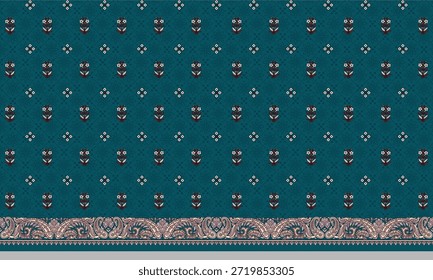 Teal fabric with tiny white floral bunches and diamond accents, finished with a detailed pink‑gold paisley border at the sleeve edge