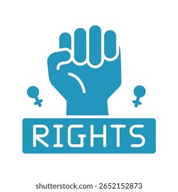 Símbolo de direitos feministas azul-petróleo com punho levantado e símbolos femininos