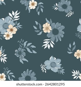 Teal floral ditsy vector seamless pattern background allover print, perfect for fashion fabric, textile, wallpaper and more