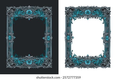 teal flower frame for wedding card invitation, flower frame illustartion teal color