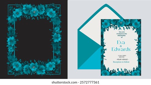 teal flower frame for wedding card invitation, flower frame illustartion teal color