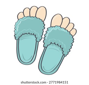 Teal fluffy slippers with exposed toes hand drawn doodle illustration for pajama party, slumber party and cozy home lifestyle designs.