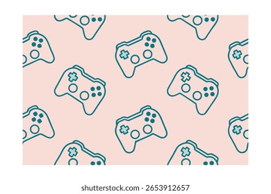 Teal game controller outlines repeated on a soft pink creating a simple pattern gaming