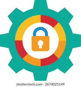 A teal gear with a colorful segmented circle inside, featuring a yellow lock icon at its center, symbolizing secure operations and data protection.