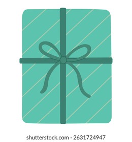 Teal gift box with diagonal stripes and dark green ribbon, perfect for minimalist festive designs.