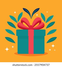 A teal gift box with a red bow and green leaves illustration