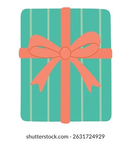 Teal gift box with vertical stripes and coral bow, great for holiday and celebration themes.