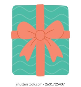 Teal gift box with wavy pattern and coral ribbon, great for festive and cute projects.