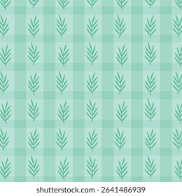 Teal gingham check with delicate botanical leaf motifs