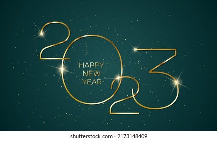 Teal gold 2023 Happy New Year card with premium foil gradient texture lines, dark background. Festive rich design for holiday card, invitation, calendar poster. Happy 2023 New Year gold text on black