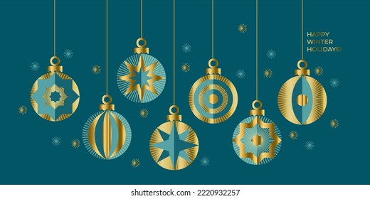 Teal and gold Christmas header with decorative ball ornaments. Geometric green Xmas header. Vector pattern for postcard, card, poster, header, Christmas greetings.