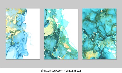 Teal and gold marble abstract backgrounds. Set of alcohol ink technique vector stone textures. Modern paint in natural colors with glitter. Template for banner, poster design. Fluid art painting