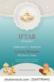 Teal gradient iftar party invitation template for islamic ramadan celebration with iftar food. Ramadan Design vector illustration banner, flyer. Ramadan 2025.