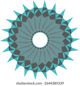 Teal and gray geometric mandala design with abstract patterns.