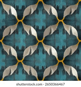 Teal and gray, a silver pattern with yellow accents, a symmetrical geometric design. grunge lines ikat pattern, ikat seamless pattern, Vector illustration background for print the paper.