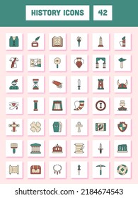 Teal Green And Brown Color Set Of History Icons In Flat Style.