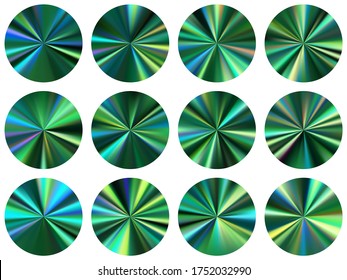 Teal green concentric metallic gradient ux button elements vector set. Isolated vibrant swatches. Button metal gradient texture backgrounds. Label backgrounds material design.