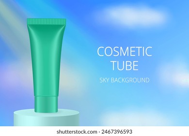 Teal green cosmetic tube on a podium. Realistic mockup. Ointment or salve. Gel serum. Korean packaging. Sky, clouds, rays of light and rainbow	