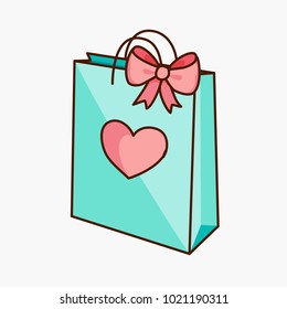 Teal Green Doodle Gift Shopping Bag With Pink Bow And Heart Isolated On White Background. Vector Illustration