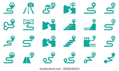 Teal green flat map navigation icon set featuring mountain trails, road trip routes, camera viewpoint markers, coastal paths, and location pins for travel app UI design.