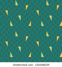 Teal and green geometric triangle pattern with random gold elements. Seamless vector pattern with abstract nature vibe. Great for wellbeing products, marketing, packaging, giftwrap,fabric, stationery