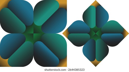 Teal, green, and gold geometric flower designs in an abstract style.