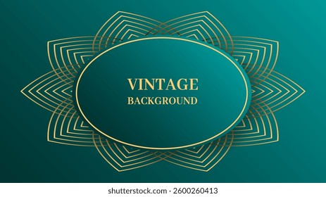 Teal green gradient abstract background with 3d oval and gold mandala pattern. Shiny poster or web banner template. Ethnic pattern, ornament	