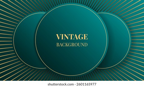 Teal green gradient abstract background with three gold rounds and concentric lines. Modern geometric pattern. Shiny poster